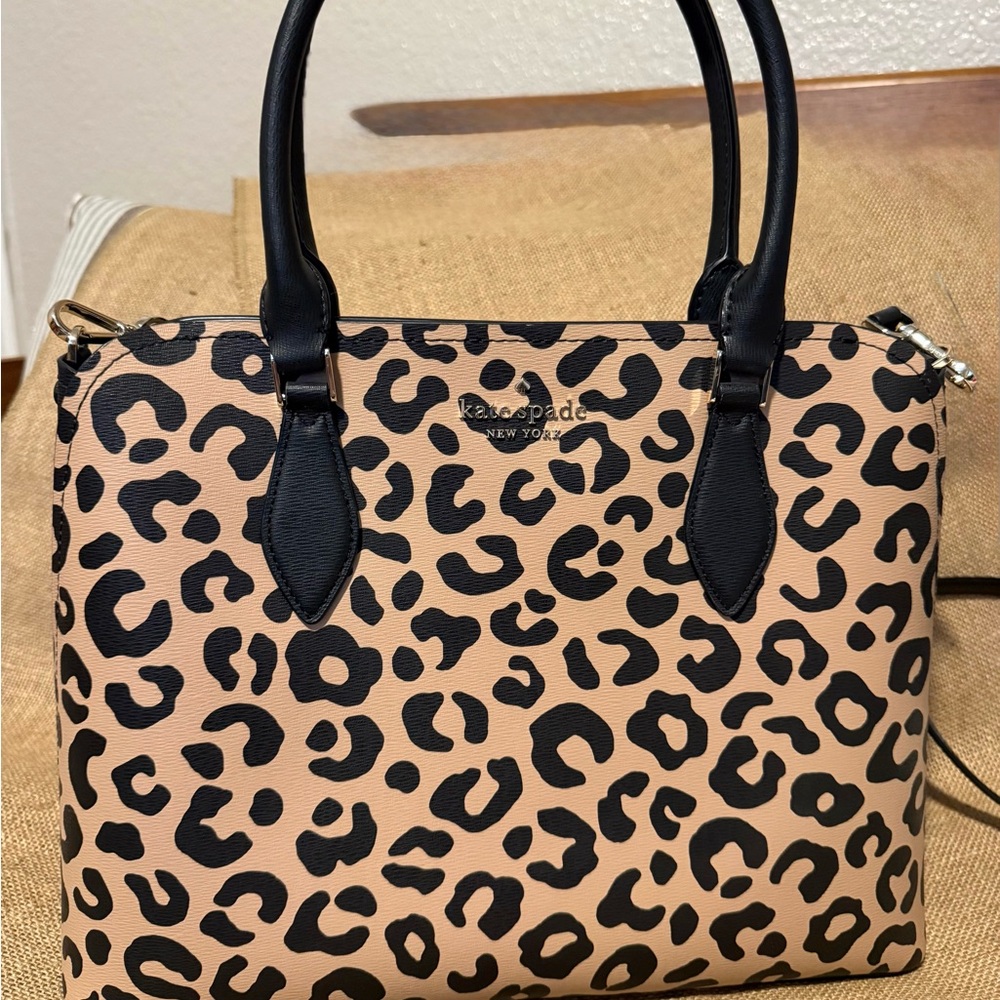 Kate Spade Black and Tan Leopard Satchel with shoulder strap